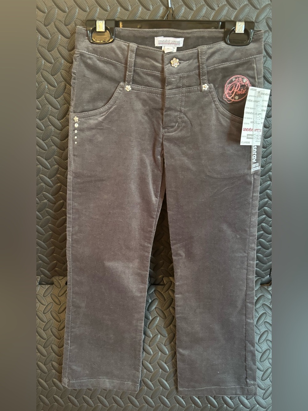 Genevieve Lapierre Girls' Grey Velvet Jeans with Pink Embroidered Patch